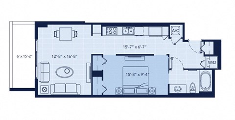 Floor plan for 1 bed, 1 bath, 728 sqft